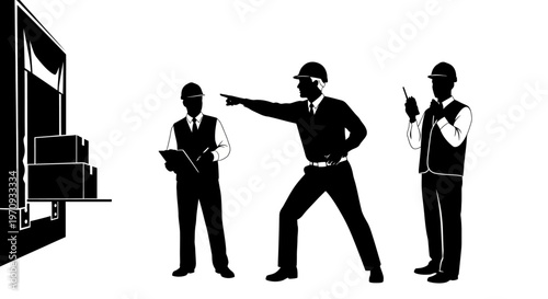 Three construction workers standing near a building discussing plans and pointing