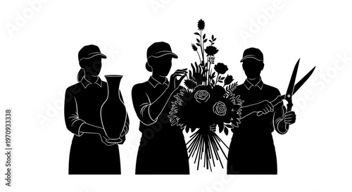 Three women in hats hold floral bouquet and vase with gardening tools