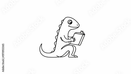 Cute Dinosaur Reading a Book, Educational and Fun Illustration