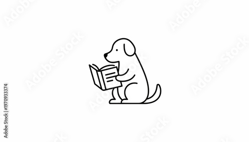 Cute dog reading a book, minimalist line art illustration, educational concept
