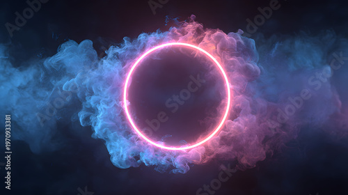 Minimal neon music symbol in radiant halo with blue pink smoke on dark abstract design