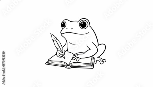 Cute Frog Writing with Quill Pen on Open Book, Education Concept