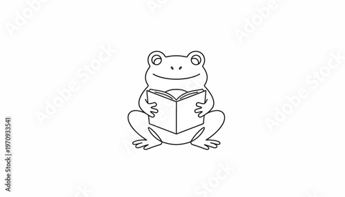 Cute Frog Reading Book, Outline Illustration, Cartoon Style