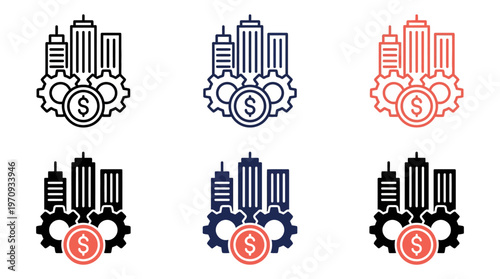 Modern city skyline above industrial gear with dollar sign, symbolizing urban growth, finance, and industry. Minimal, bold, versatile icons for labor, economy, and infrastructure.