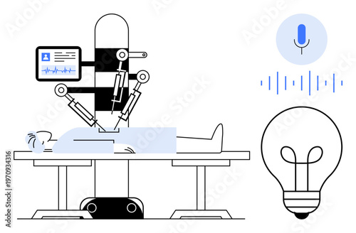 Medical automation. Medical automation with an advanced robot performing surgery using voice commands. Medical automation improving healthcare, innovation, technology, AI. For hospitals, tech