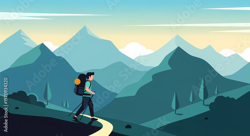 Hiker walking on mountain trail with backpack and trekking poles at sunrise