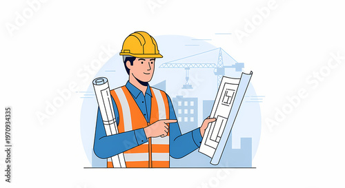 Construction engineer reviewing blueprints on site with safety helmet and vest