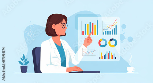 Businesswoman analyzing data charts on virtual screen in office environment