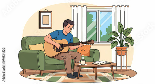 Man playing acoustic guitar sitting on green sofa in cozy living room
