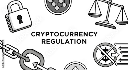 Cryptocurrency Regulation Concept with Law and Security Icons.