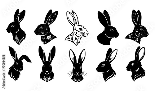 Creative negative space rabbit head silhouettes vector collection