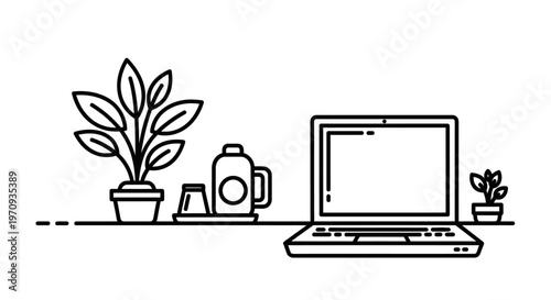 Minimalist workspace line art with laptop and potted plants.