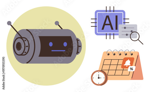 Artificial intelligence, time management, task automation, robotics, innovation, future technology. Robot face, AI chip with settings digital calendar with alarm. AI technology and task automation