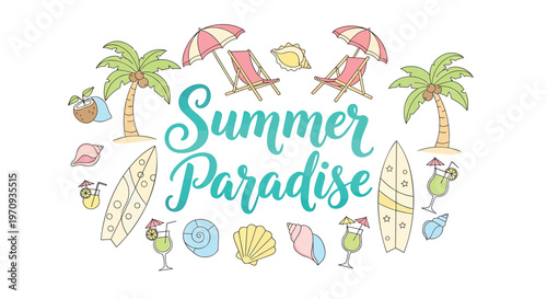 Summer vacation icons, beach symbols, tropical paradise, summer fun