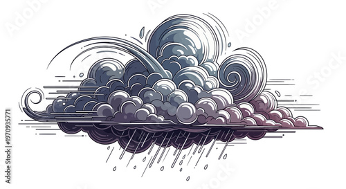 Dynamic illustration of a dramatic storm cloud formation, featuring swirling grey and purple masses releasing heavy rainfall, symbolizing atmospheric power and the elements of nature