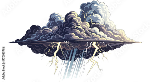 Vibrant illustration of a dynamic storm cloud featuring sharp lightning strikes and pouring rain, representing a powerful and intense weather phenomenon