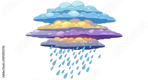 Layers of clouds showing different weather conditions, with rain falling from the bottom layer of cumulonimbus clouds, illustrating weather phenomena and atmospheric science