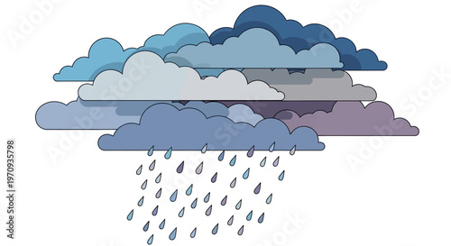 A clean and modern flat design illustration showcasing a layered group of blue and grey clouds with falling raindrops, representing a rainy weather condition