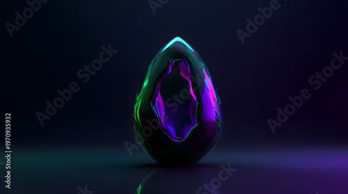 Minimalist horrorpunk 3d background with dark egg object and neon purple green ooze glow
