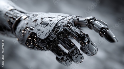 Highly detailed robotic hand composed of intricate metal and circuit components