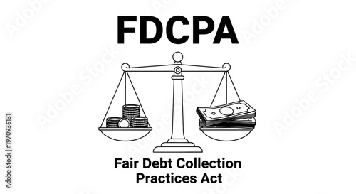 Fair Debt Collection Practices Act (FDCPA) concept with scales of justice balancing coins and paper money. Legal regulation for debt collection and consumer rights protection.