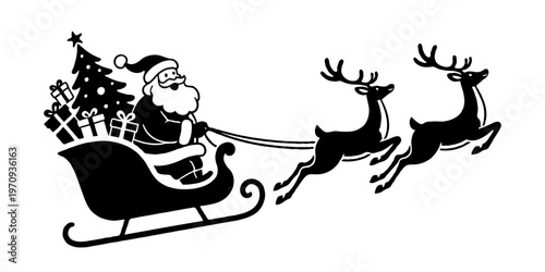 Silhouette of Santa Claus in sleigh with gifts and tree, pulled by reindeer, in a minimal black graphic style on a white background