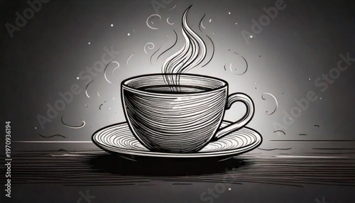 Steaming Coffee Cup with Artistic Texture and Particles.
