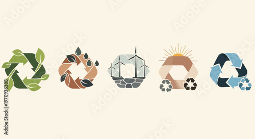 Sustainable Recycling Icons Set with Nature, Renewable Energy, and Eco-Friendly Symbols