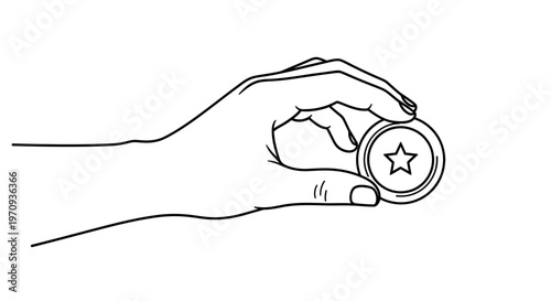 Hand holding a coin with star symbol. Concept of loyalty program, customer reward, premium membership, and achievement. Minimalist black and white line art illustration