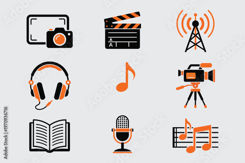Multimedia entertainment icons set, flat vector film and music production symbols, orange and black media industry graphics for web and broadcast