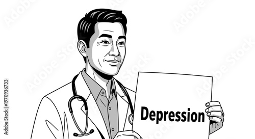 Male doctor holding a sign with 'Depression' text. Mental health awareness, psychiatry, and medical counseling concept. Black and white vector illustration."
