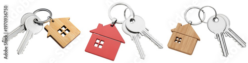 Foto Multiple sets of shiny silver keys with charming house-shaped wooden and red keychains, symbolizing home ownership