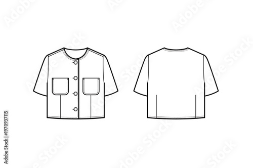 Women Cropped Tweed Jacket Flat Sketch, Collarless Short Sleeve Jacket Technical Drawing Front Back, Minimal Line Art Vector