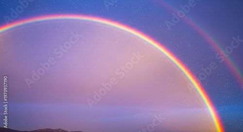 Image shows a double rainbow in a starry sky with soft clouds, representing hope and promise after a storm, perfect for inspirational themes