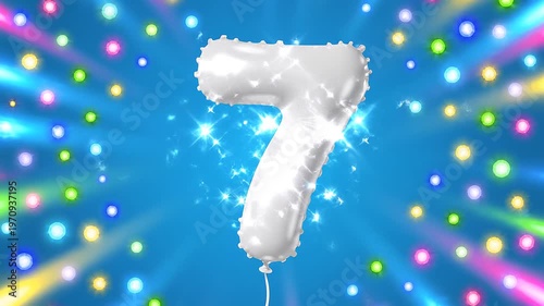 White number 7 balloon with colorful flashing disco lights. Festive video for birthday or anniversary party