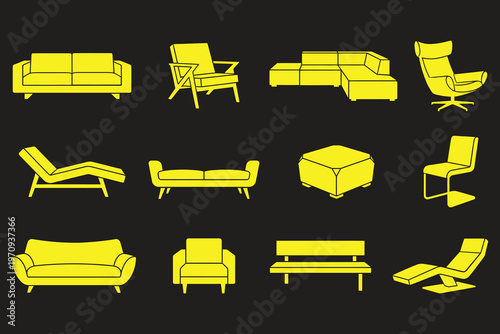Modern furniture icon set, yellow minimalist sofa and armchair silhouettes, 12 interior design vector elements for home decor and architecture
