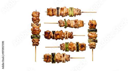 Photos An extensive collection of various grilled yakitori skewers with chicken and green onions