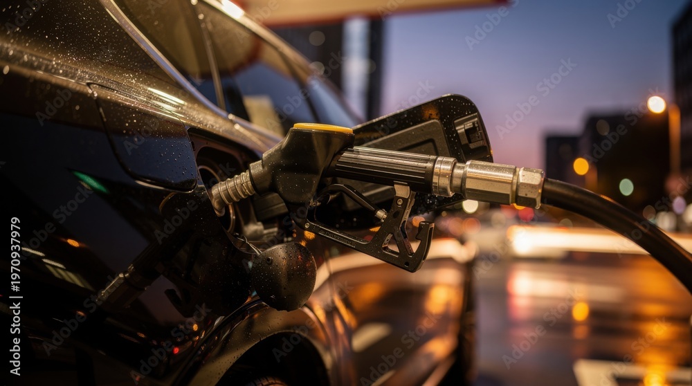 Fototapeta premium A close-up of a black car being refueled at a gas station during dusk with city lights blurred in the background.