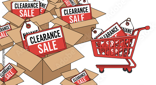 Clearance Sale Concept with Cardboard Boxes and Red Shopping Cart.