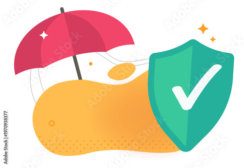 Security protection shield template icon vector simple minimalist modern graphic illustration, safety insurance concept with umbrella cover and safeguard defence checkmark poster flyer clip art