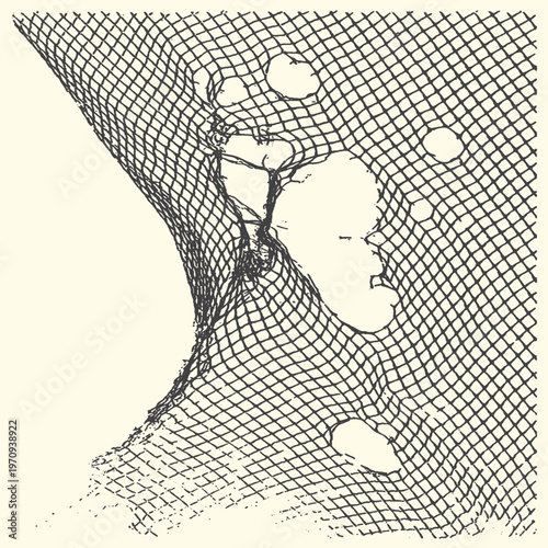 Torn fishnet stocking with holes, close-up texture and pattern of worn fabric