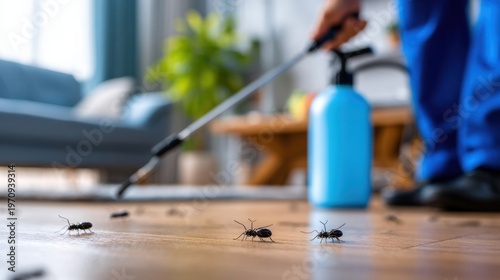 A professional pest control technician in blue overalls using a sprayer to exterminate insects on a wooden surface