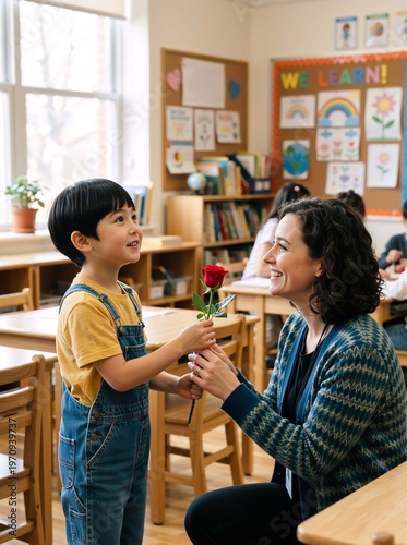 Young Asian student giving a red rose to his smiling female teacher in a bright classroom. Elementary school boy showing appreciation to educator. World Teachers' Day concept