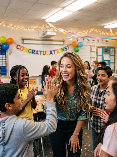 Smiling female teacher giving high five to student in decorated classroom. Diverse group of children celebrating achievement with educator. World Teachers' Day concept