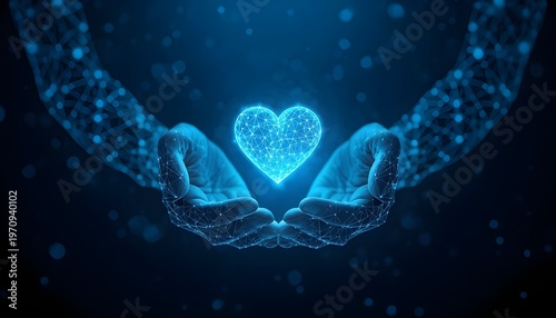 A glowing blue heart is cradled in cupped hands made of tiny dots and lines