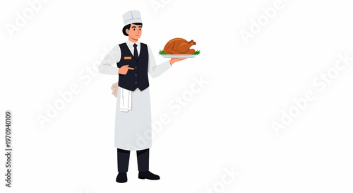 A male chef or waiter in a uniform holding a platter with a roasted turkey, pointing with his other hand, on a white background.