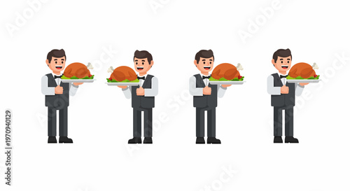 Four cartoon waiters smiling and holding roasted turkeys on platters, ready to serve a festive meal.