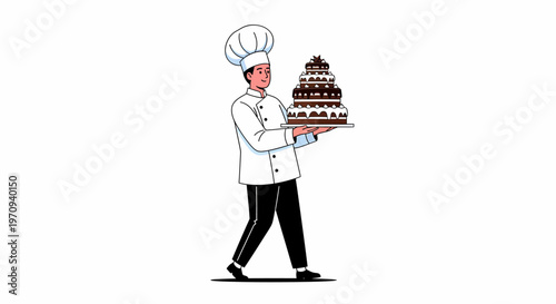 A male chef in a white uniform and hat carefully carries a tall, multi-tiered chocolate cake on a serving platter.