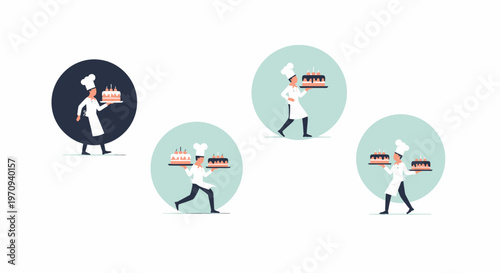 Illustrations of a chef or baker carrying various cakes, depicting different scenarios of cake delivery or service.