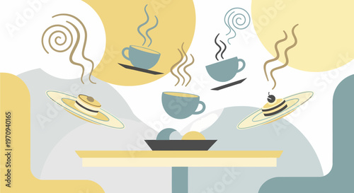 Abstract illustration of floating coffee cups, desserts, and ice cream on a table with swirling steam and soft background.